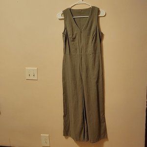 Tahari Olive Green Linen Blend Zip-up Wide-leg Jumpsuit